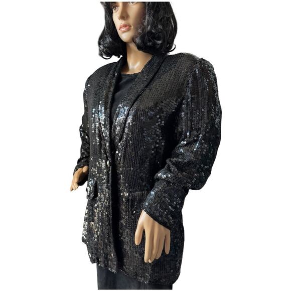 American Vtg Black Silk Sequined Formal Occasion one button Blazer coat medium - Picture 6 of 17
